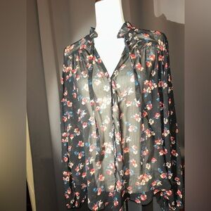 Hollister Black Floral Sheer Blouse • Long Sleeve • Size Large